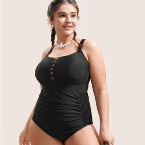 BloomChic Plus Size Solid Gathered Crisscross One-Pice Bathing Suits